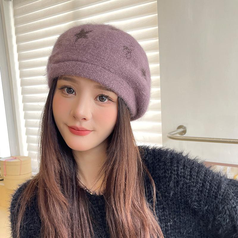 Women's Beret Hat Autumn and Winter Solid Color Knitted Woolen Hat Warm Thick Soft Vintage Painter Premium Hat