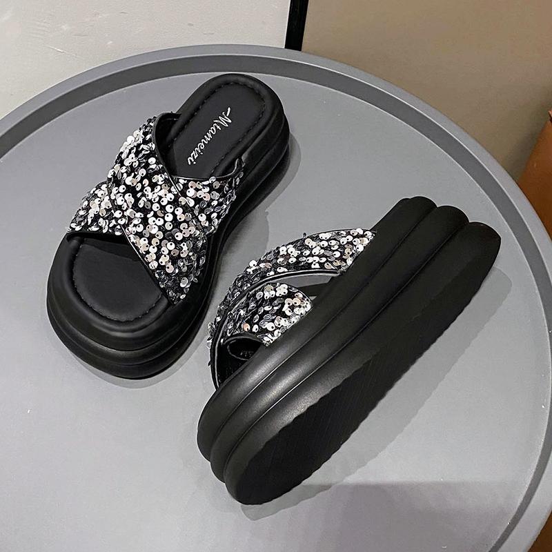 Mode Sommer Bling Hausschuhe Damen Chunky Sandalen 2024 Mode Damen 7CM Keile Plateau Schuhe Frau Offene Zehen Flats Strand Flip Flops