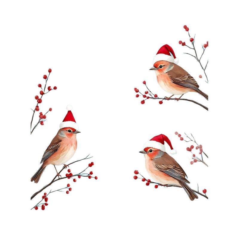 1 Peça Três Pássaros Com Chapéus de Papai Noel Adesivos de Janela Tema de Natal Galhos de Frutas Vermelhas Adesivos de Parede Decorativos Para Vidro e Janela