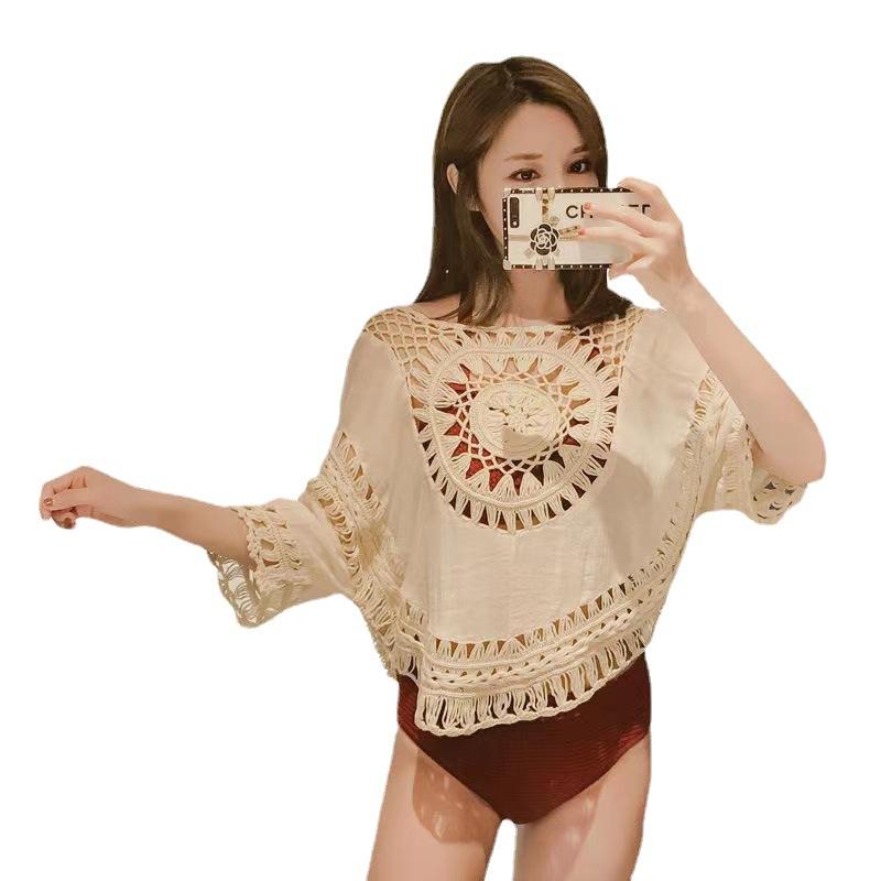 Sexy Pullover Hand Hook Hollow Half Round Knit Sweater Beach Cover-up Summer Women's Seven Sleeve Spa Shirt