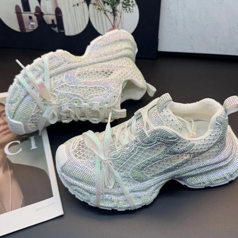 Dámské tenisky Bling Crystal Novinka Síťované platformové boty s kamínky Dad Shoes Módní lesklé dámské sportovní boty Dámské mokasíny
