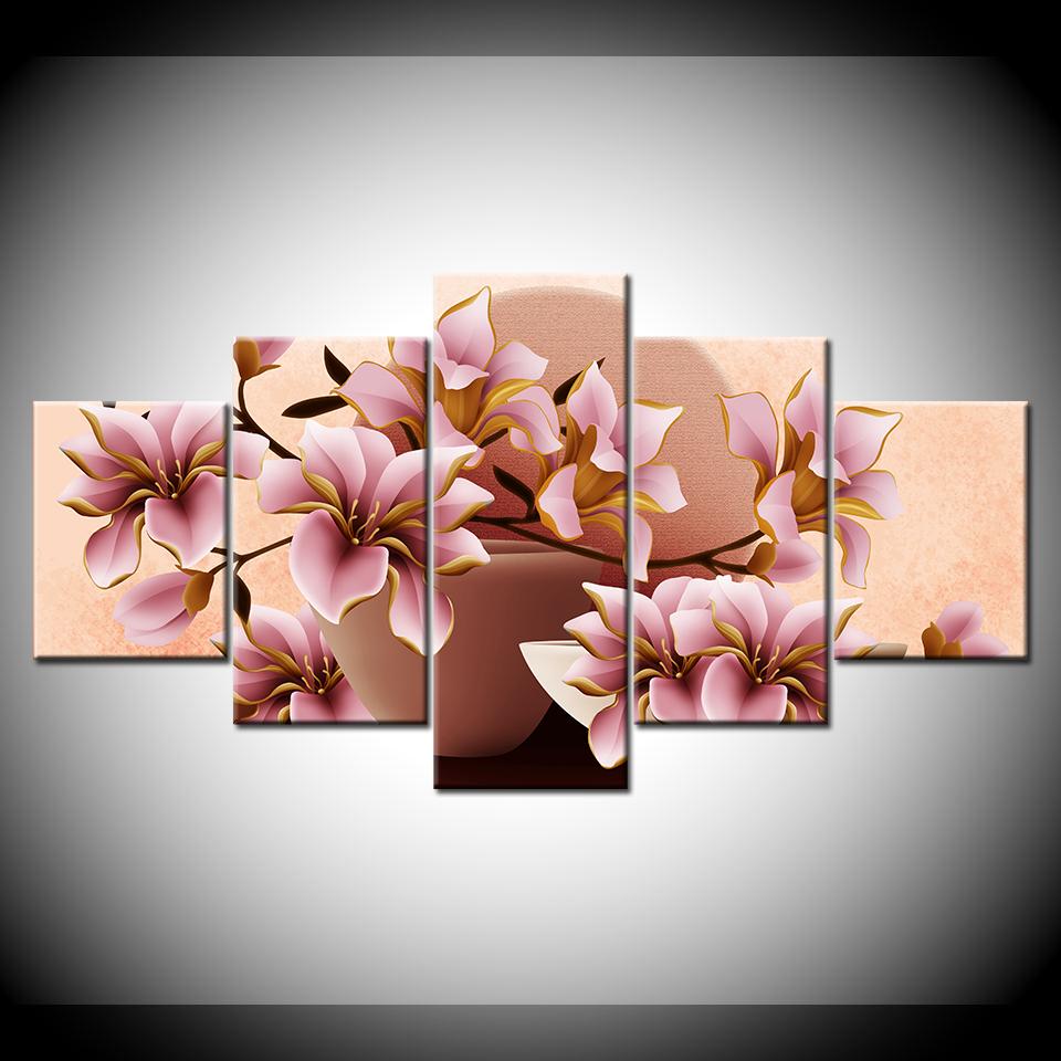 Canvas Painting HD Pink magnolia flowers 5 Pieces Wall Art Painting Modular Wallpapers Poster Print for living room Home Decor