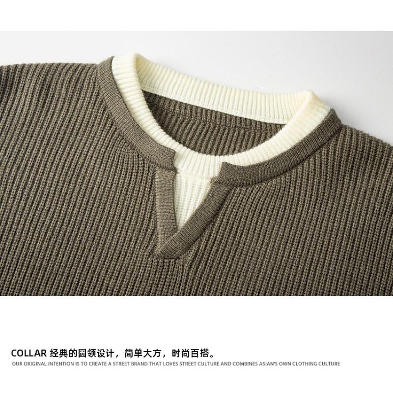 Mens Fake Two Piece Patchwork Thick Knit Loose Pullover Sweater