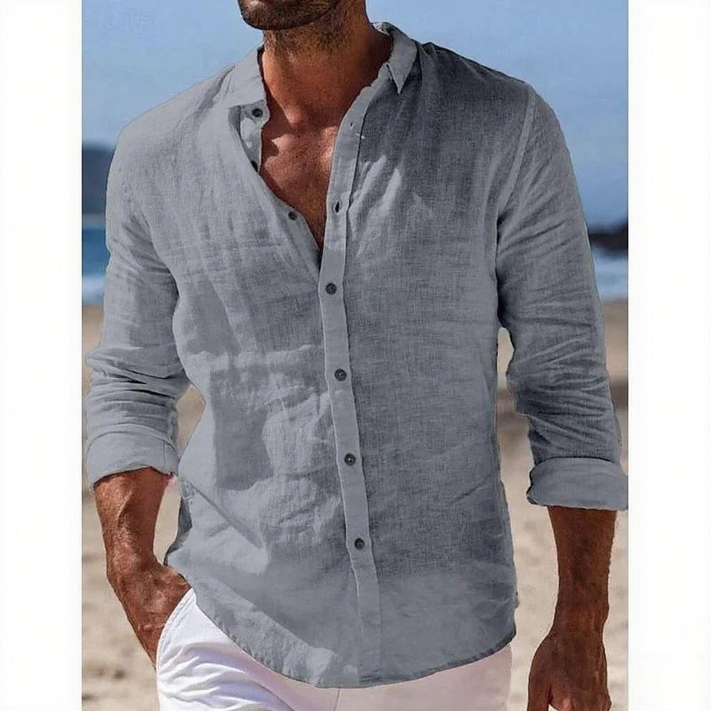 Men's Long Sleeve Solid Color Button-Down Shirt, Casual Spring/Summer Lapel Design