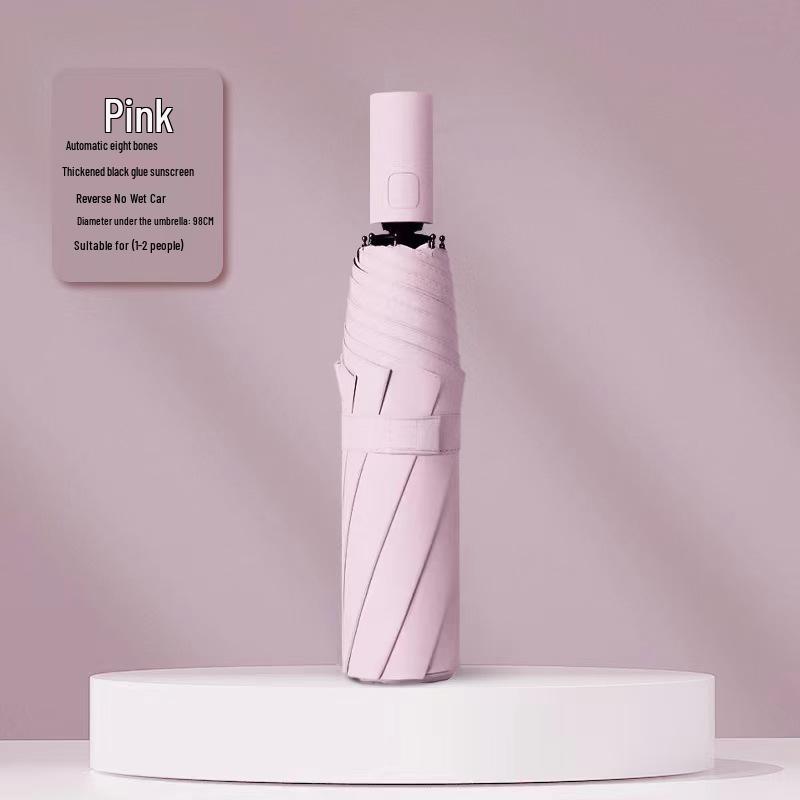 Vollautomatischer dreifach faltbarer UV-Schutz-Schirm mit schwarzem Kleber und Logo für Regen oder Sonne