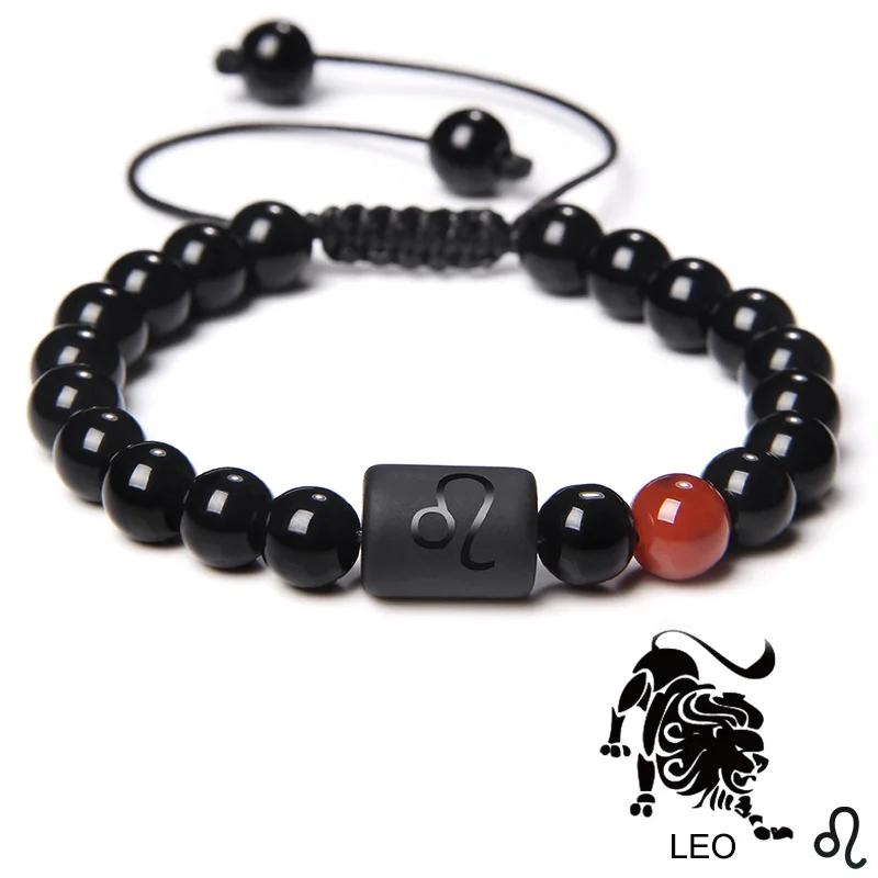 12 Constellation Zodiac Signs Bracelet Black Onyx Beads Cancer Leo Onyx Braided Bracelet for Women Men Couples Jewelry Gift