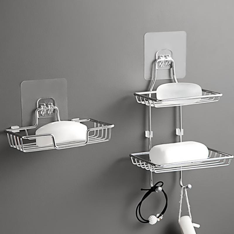 Stainless Steel Double Layer Soap Drain Holder No Drill Wall Mounted Rack for Bathroom Shower Kitchen One size