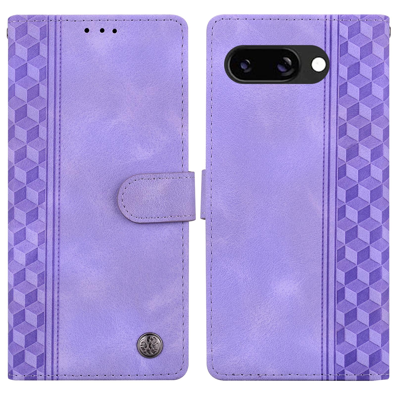 

For Google Pixel 9a Leather Case Imprinted Checkered Pattern Wallet Stand Flip Phone Cover Purple
