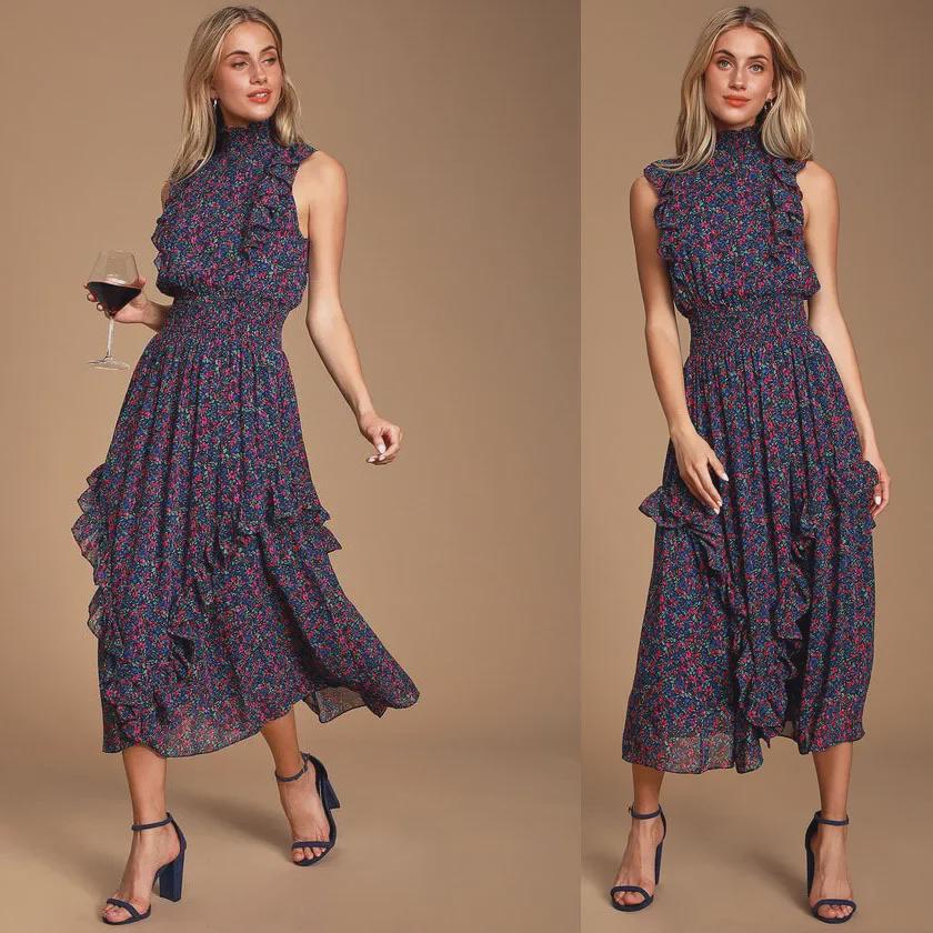 2023 Retro Floral Print Sleeveless Ruffle Dress for Women