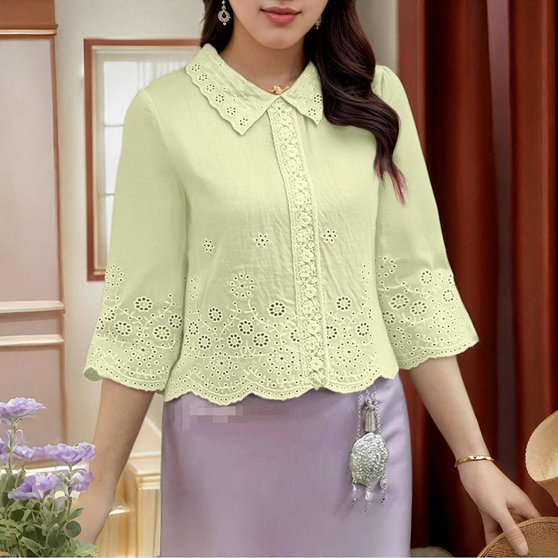 ZANZEA Women Casual Turn Down Collar 3/4 Sleeve Loose Crochet Blouse