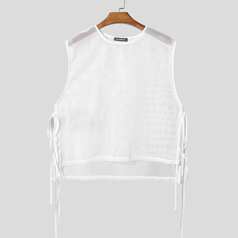 

INCERUN Summer Men Sleeveless Mesh Sheer Hollow Out Side Lace-up Party High Low Tank Tops 3XL белый