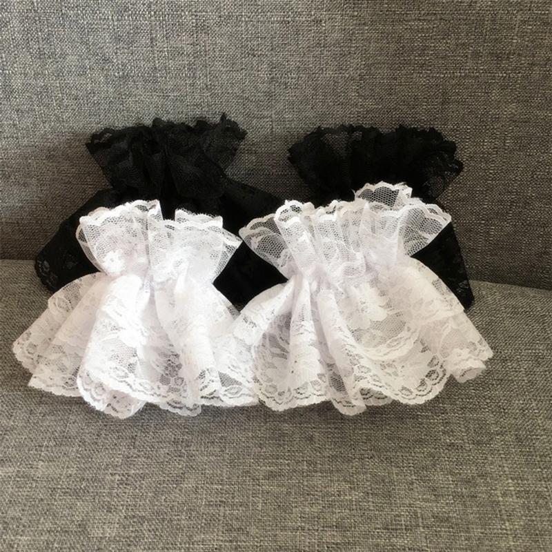 1 pair Lolita Hand Sleeve Wrist Cuffs Ruffled Floral Black Lace Elastic Bracelet Elegant Ladies Short Lace Gloves Halloween