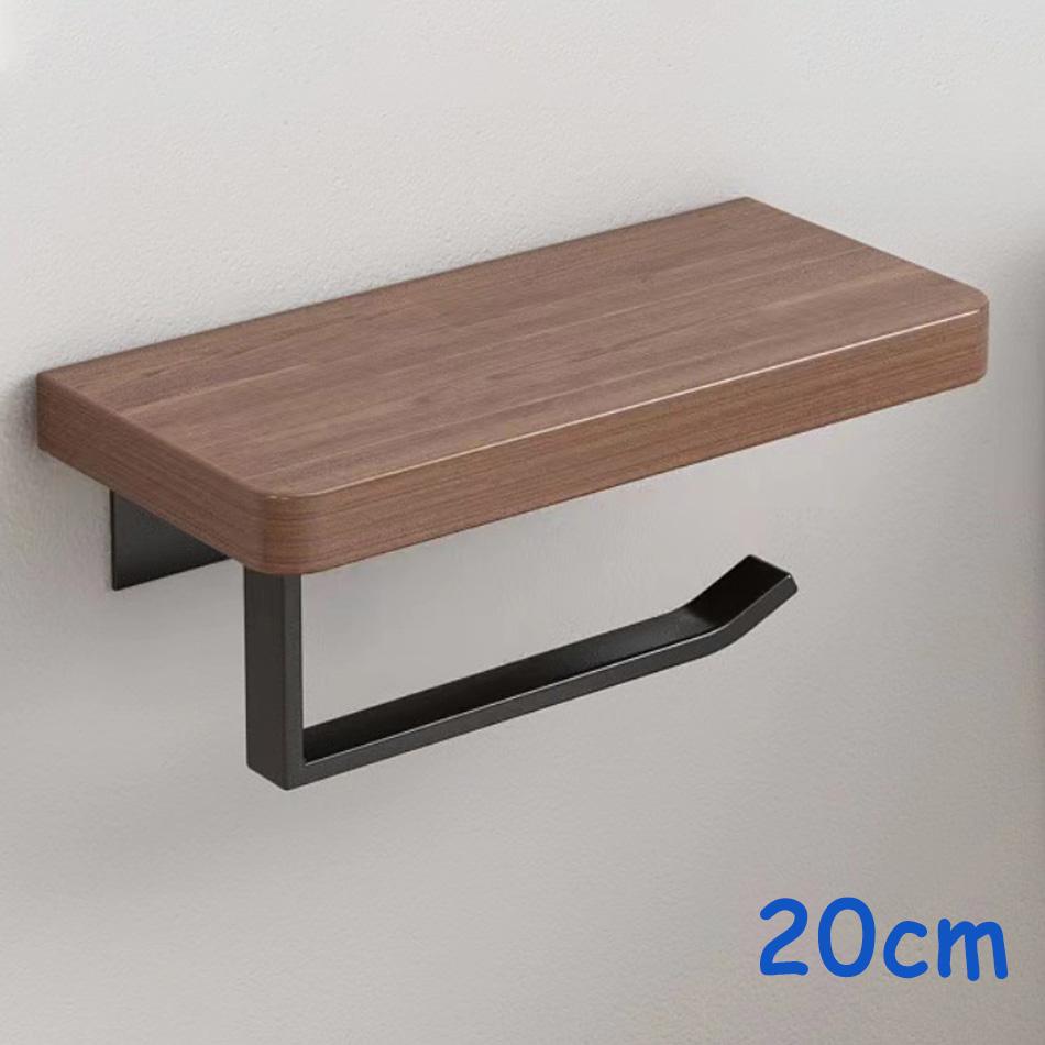 Double Paper Holder with Shelf Black Wood Wall Mounted WC Tissue Holders Walnut Toilet Paper Towel Rack for Bathroom Kitchen