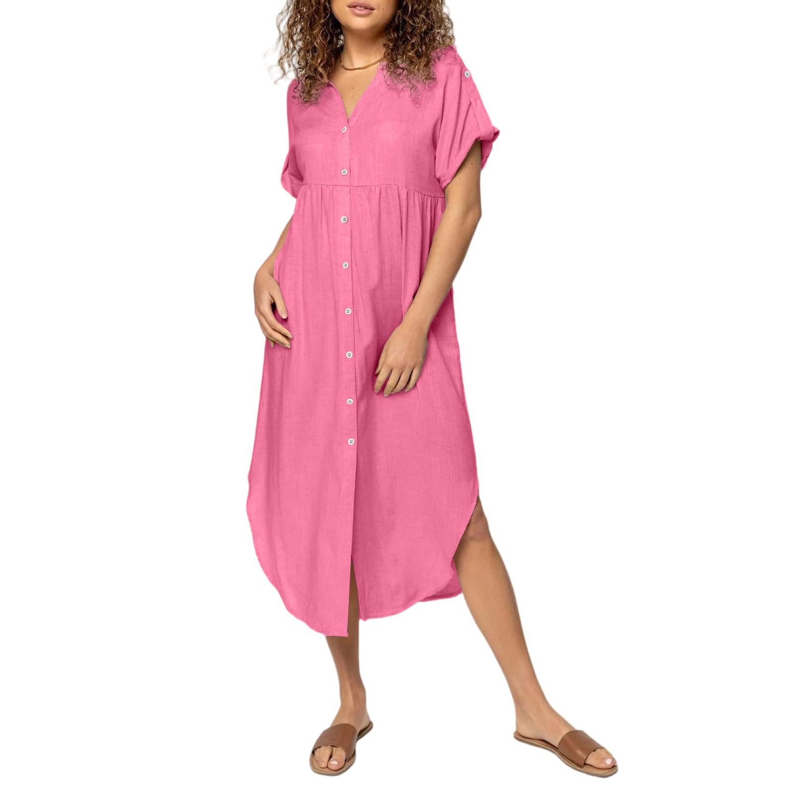 

Ladies Fashion Loose Temperament Casual Color Button Mid-length Dress XL рожевий