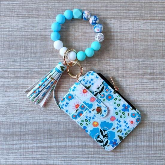 Ladies Floral Wristlet Wallet Boho Style Coin Purse Keychain with Tassel Elastic