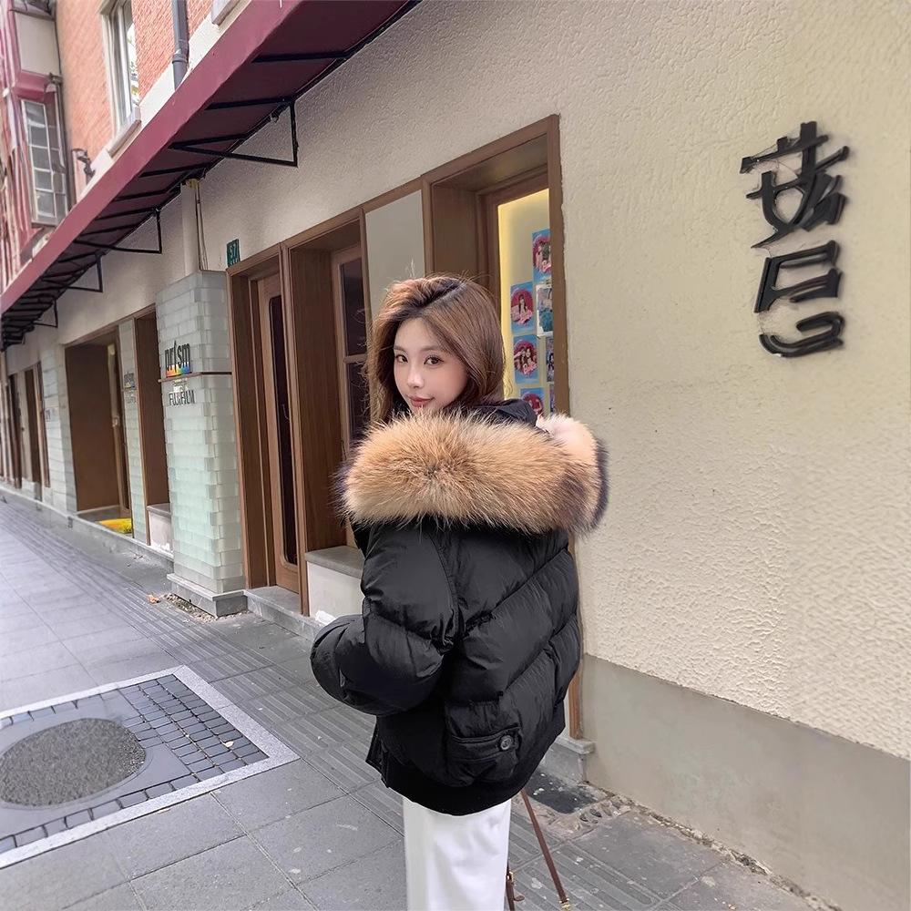 Women's new large fur collar cold windproof lightweight thickened fluffy warm loose high-quality fabric casual sports Parker cotton jacket