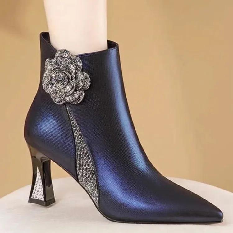 

Мода 2025 Блестящие Цветочные Женские Туфли на Высоком Каблуке Сексуальные Остроносые Ботильоны Комфортный Массивный Каблук Офисная Женская Обувь 40 синий