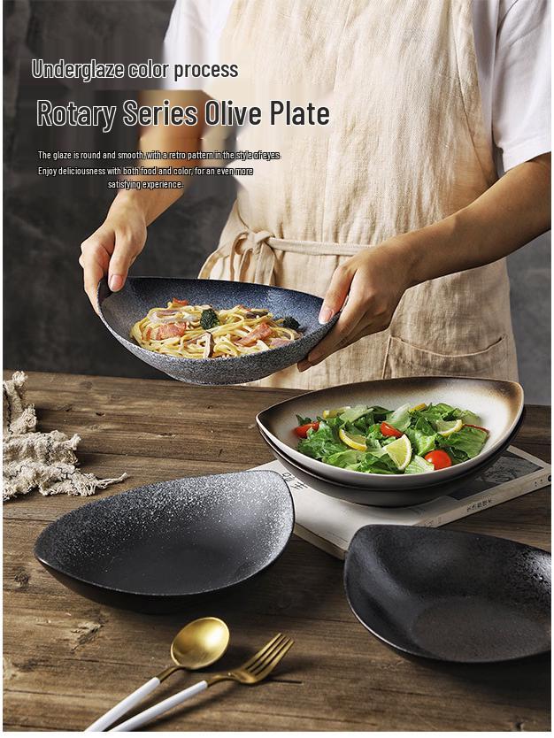 Japanese Olive Stone Pattern Ceramic Plate for Pasta and Pizza