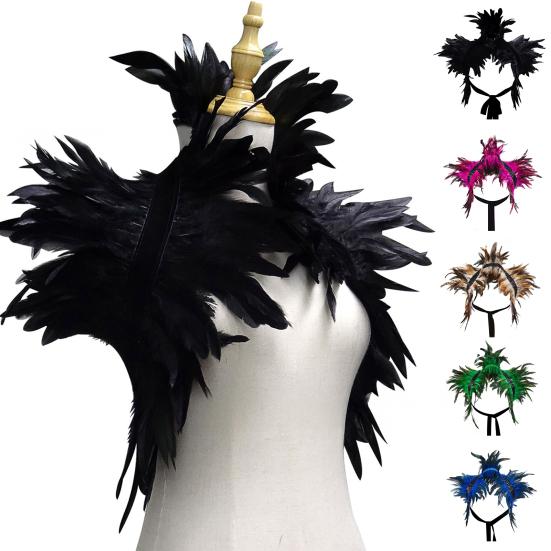 Gothic Style Fake Collar with Layered Feathers Lightweight Durable Fabric Feather Cape Black Shawl Versatile Accessory