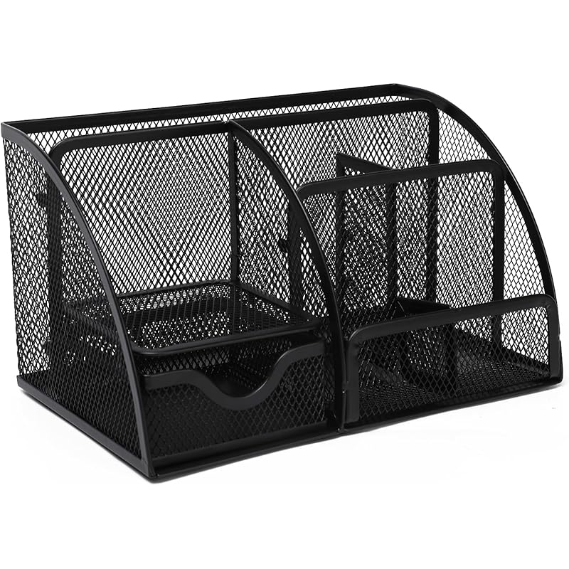 Neomate Metal Mesh Pen and Pencil Organizer | 6-Compartment Stationery Storage Box for Home & Office Accessories