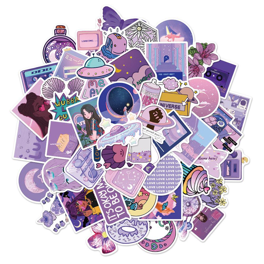 50 Purple Cartoon Graffiti Stickers for Suitcase, Water Bottle, Skateboard, Refrigerator - Waterproof and Mixable Decals