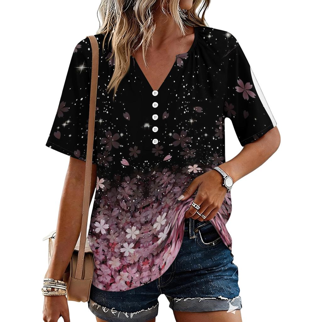 Women's Fashionable Casual Floral Print Button V-neck Short-sleeved Top