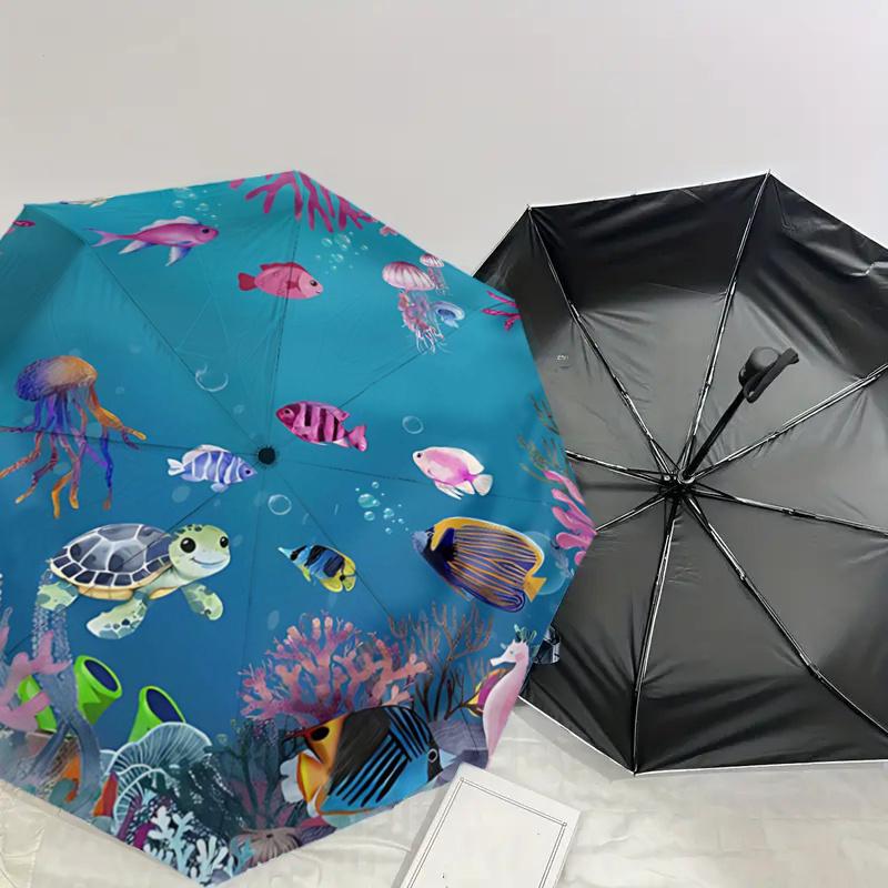 Underwater Paradise: Colorful Sea Life Coral Reef Jellyfish Fish Turtle Starfish Automatic Opening Folding Umbrella - Outdoor Rain Gear for