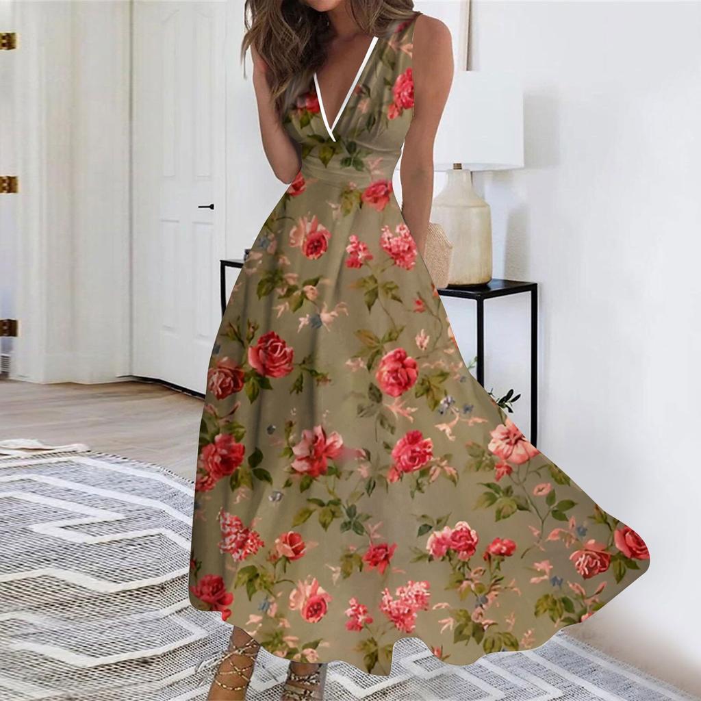 Women's Fashion Summer Small Floral V-Neck Sleeveless Tunic Casual Dresses