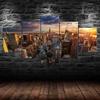 Sunset New York Skyline Empire State Building 5 Piece Five Panel Wall Canvas Print Modern Art Poster Picture Home Decor Gift For Him For Her