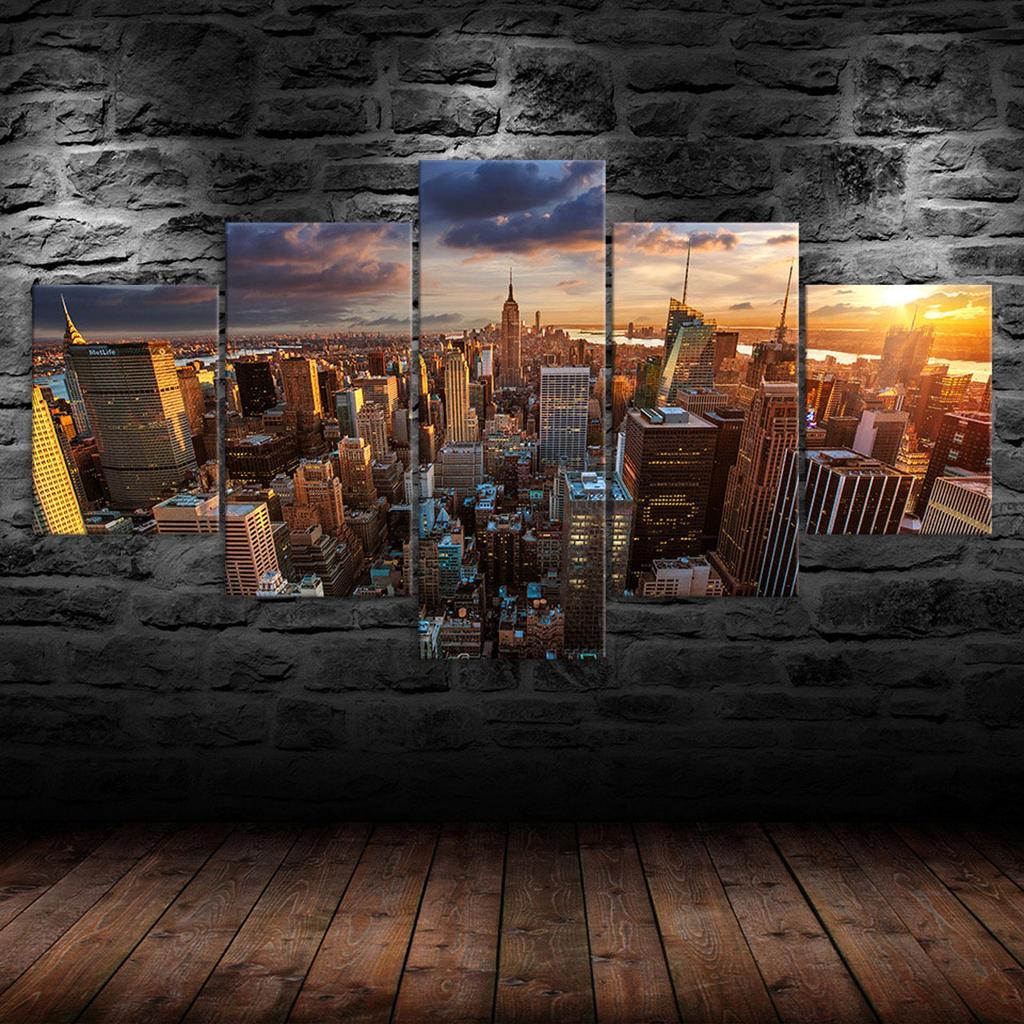 Sunset New York Skyline Empire State Building 5 Piece Five Panel Wall Canvas Print Modern Art Poster Picture Home Decor Gift For Him For Her