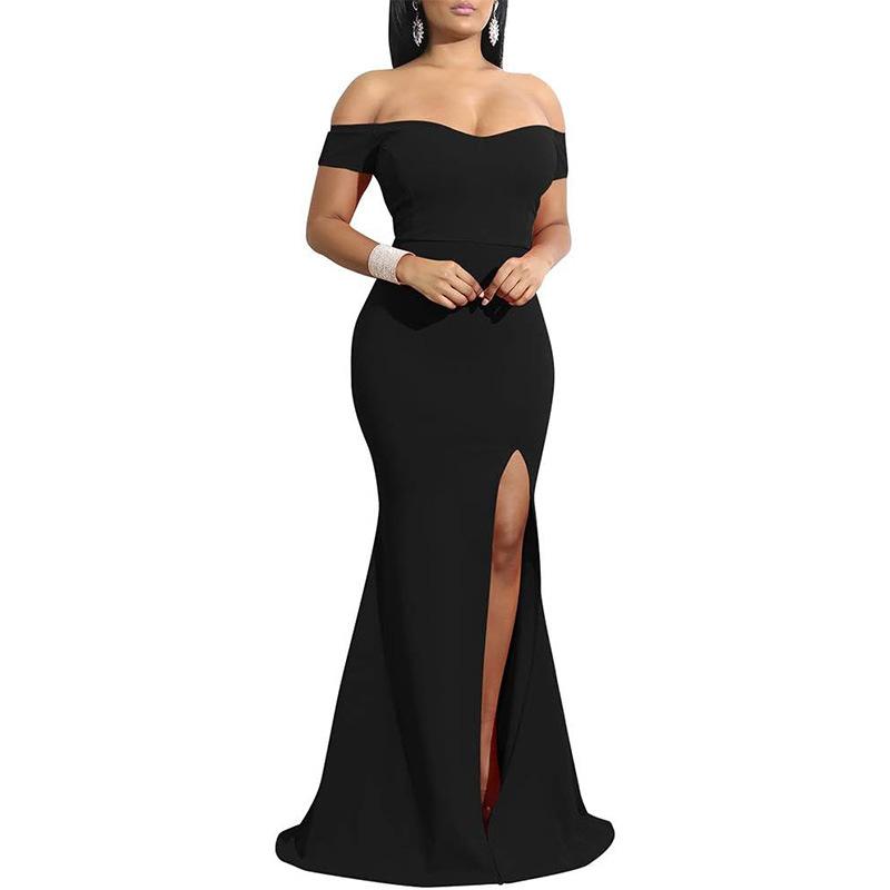 Independent Station European and American Foreign Trade Evening Dress Women's Banquet Temperament Low Chest One Word Shoulder High Split Sexy High-end