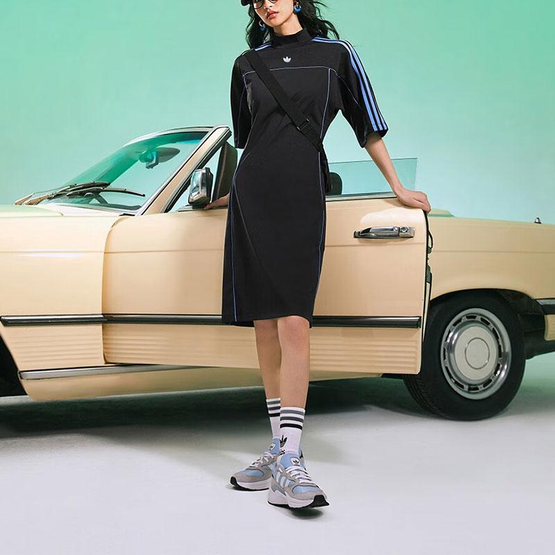 Adidas Originals Striped Fashion Slim Fit Sports Casual Stand Collar Short Sleeve Dress Women Dresses Black IC2270