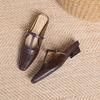 Genuine Leather Open-Back High-Heeled Mules for Women, Square Toe T-Strap, French Chunky Heel, Summer Outdoor New Arrivals