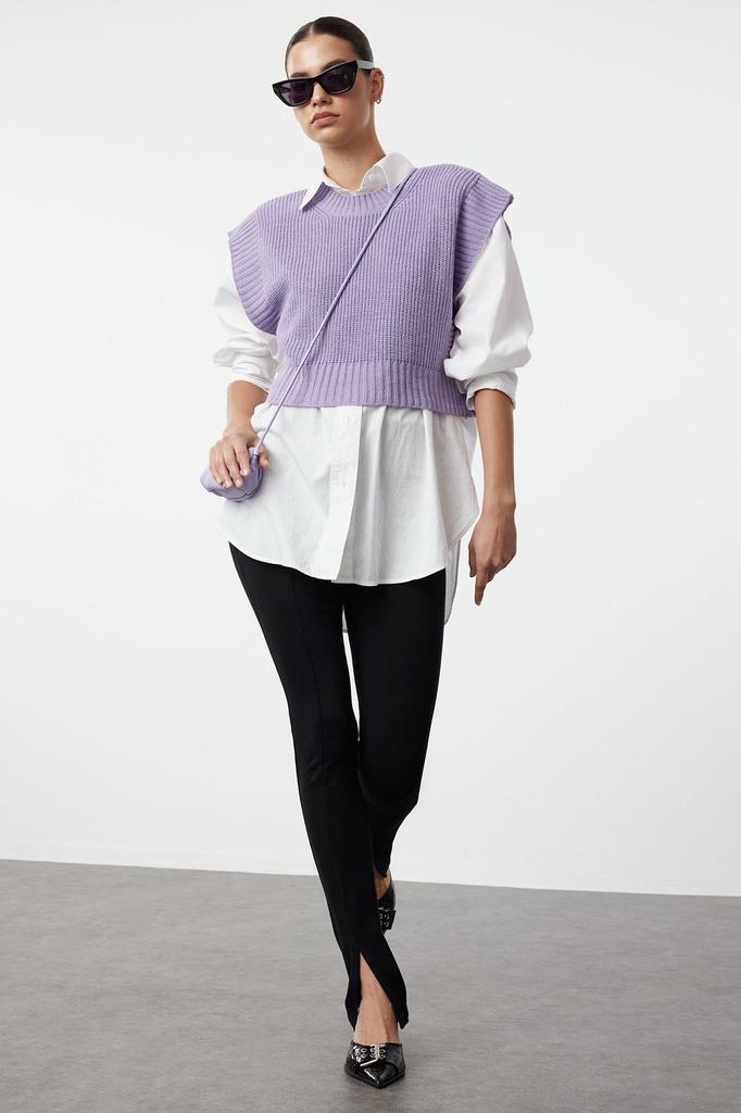 Women's Fashion Lilac Crop Crew Neck Knitwear Sweater