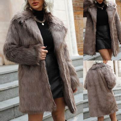 Womens  Solid Color Suit Collar Faux Coat Top Women Mid Length Plush Coat