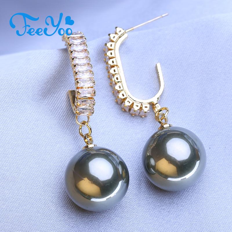 

FEEYOO длинные серьги для женщин, модные серьги с кубическим цирконием, ювелирные изделия, свадебные серьги с искусственным жемчугом серый