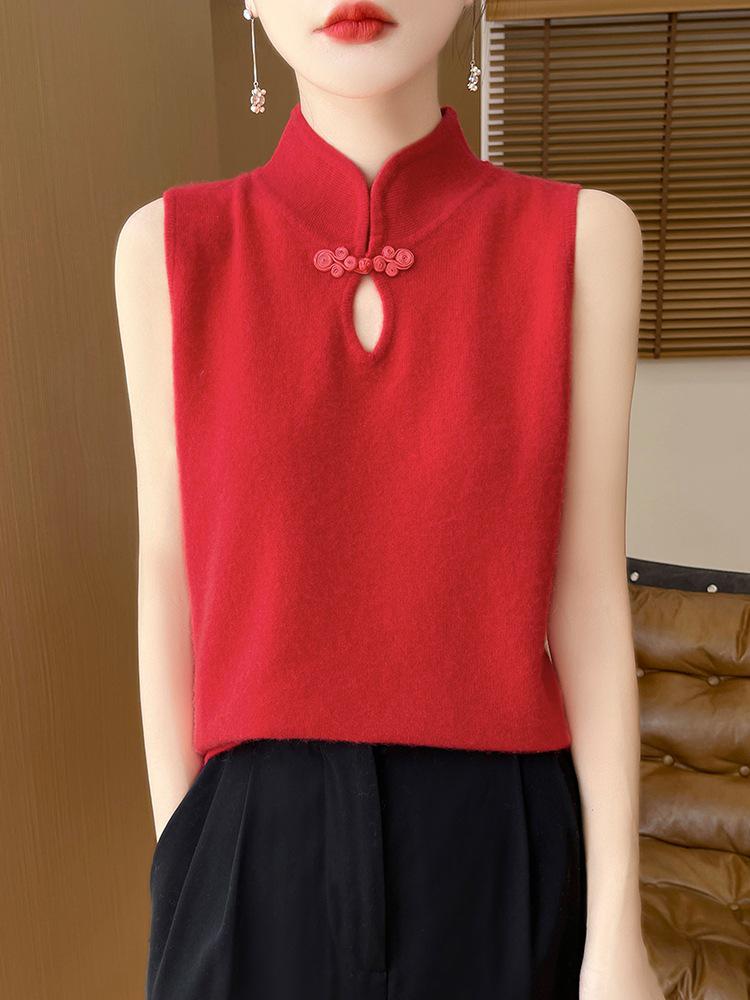 Women's Retro Knit Vest: Chinese Style, Stand Collar, Frog Button, Sleeveless Layering Top
