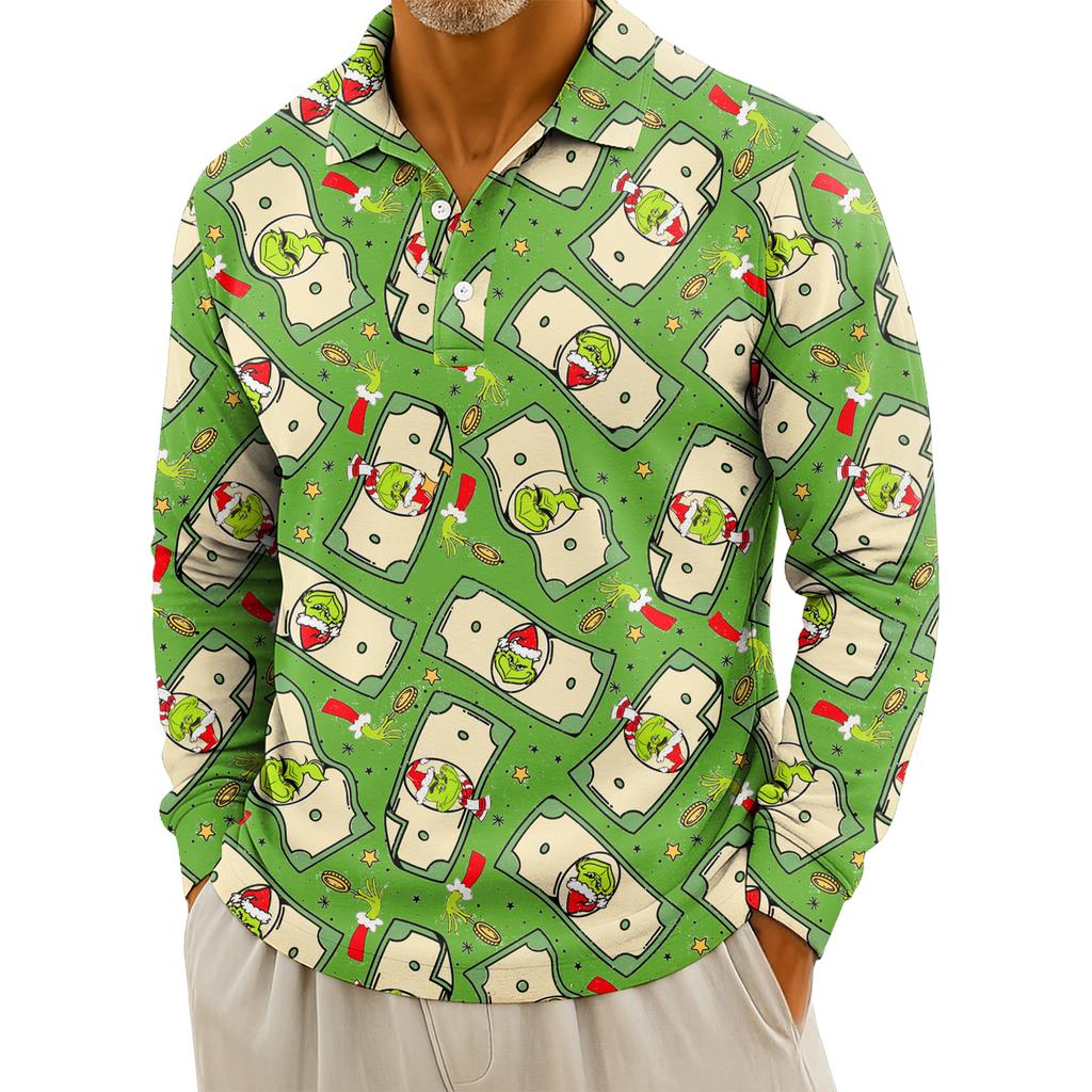Men's Casual Christmas Print Button Long Sleeve Shirt