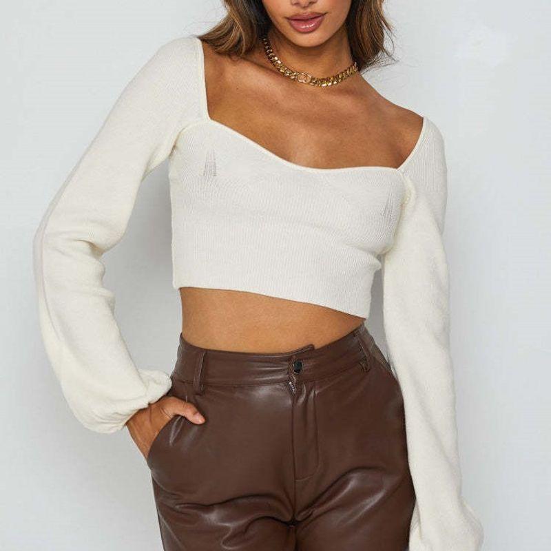 Stylish Retro off-Shoulder Square Collar Slimming Slimming Puff Sleeve Long Sleeves Pullover Knitwear Open Back Sexy Sweater Women