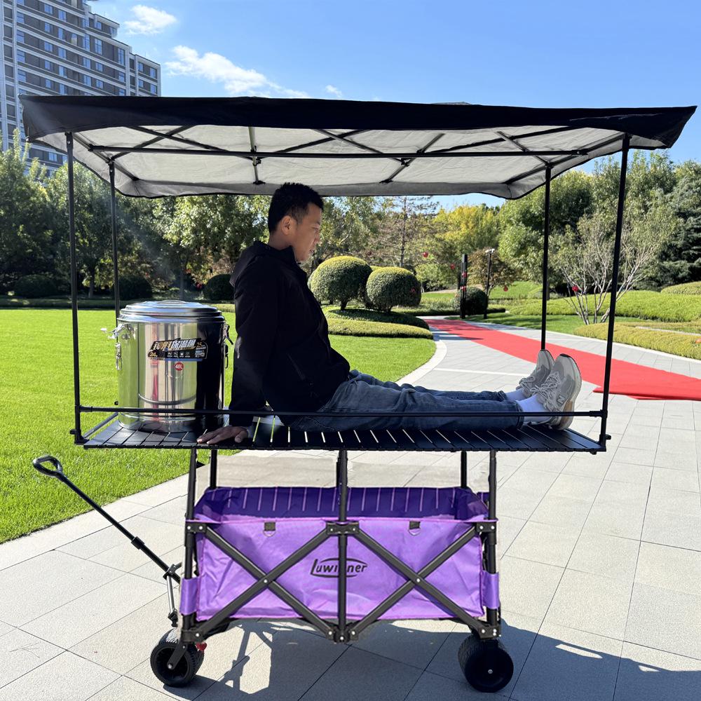 Adjustable Folding Handcart with Umbrella, Elevated Canopy & Table Top for Street Stalls or Camping.