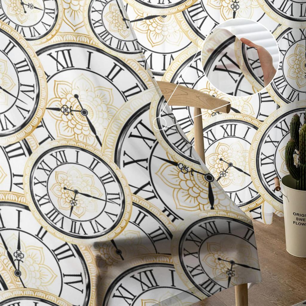 Květinové tylkové závěsy s hodinami pro obývací pokoj Průhledný závěs pro okno ložnice Žaluzie Voile závěsy