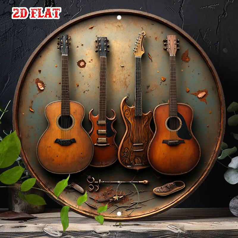 D Flat pc Vintage Guitar Collection Metal Wall Art Rustic Round Aluminum Sign with String Guitar Folk Music Instruments