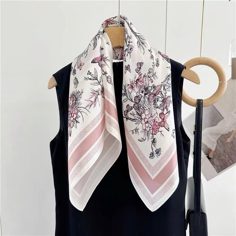 Beige Green Women 100% Silk Scarf Headscarf Fashion Floral Design Square Scarves For Hair 65*65Cm Fashion Neck Scarf Hijab