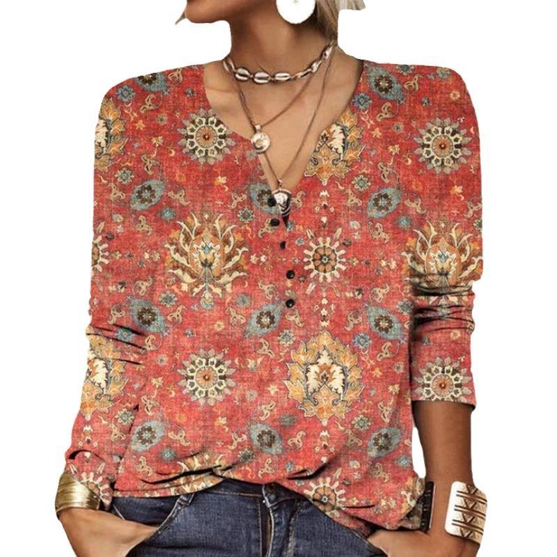 Autumn Winter Women's Long Sleeved Printed V-neck Loose T-shirt for Women