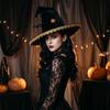 Ruffled Witch Hat with Decor for Halloween Costume