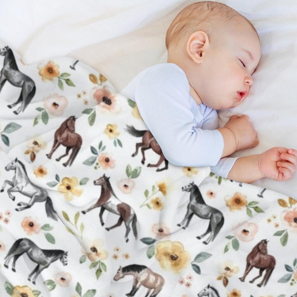 Horses with Yellow and Pink Flowers, Horse Decor, Watercolor Floral Throw Blanket Nap Bed Fashionable Furry Hairys Blankets