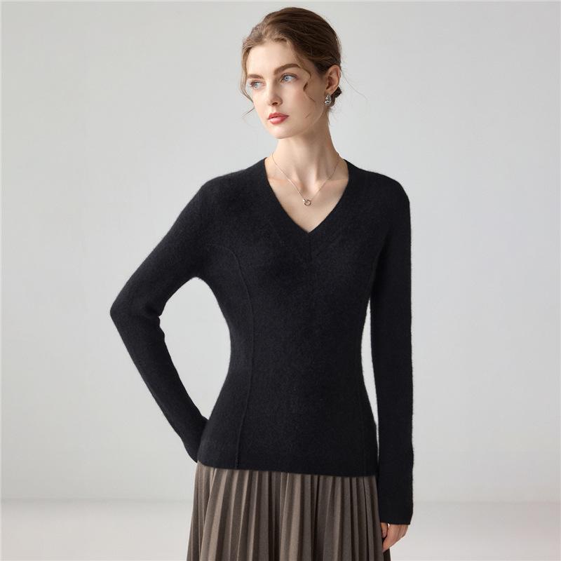 Autumn/Winter Women's V-Neck 100% Pure Cashmere Sweater - Long-Sleeve Knitwear