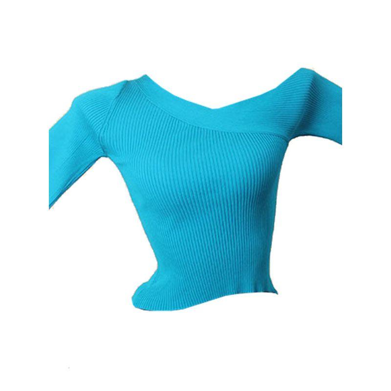 Blue Diagonal Collar One Shoulder Knitting Short Sleeve T-shirt Female French Style Design Silm Slimming Short Top Fall Base