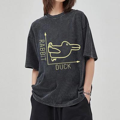 Rundhals-T-Shirt Lässiges Paar-Oberteil Hochwertiger Imitat-Denimstoff Humor Cartoon-Druck Sommer