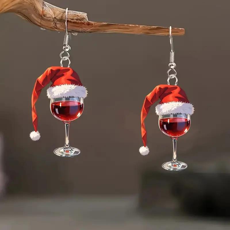 

Red Christmas Hat Wine Glass Acrylic Earrings - Vintage Creative Design, Versatile and Stylish.